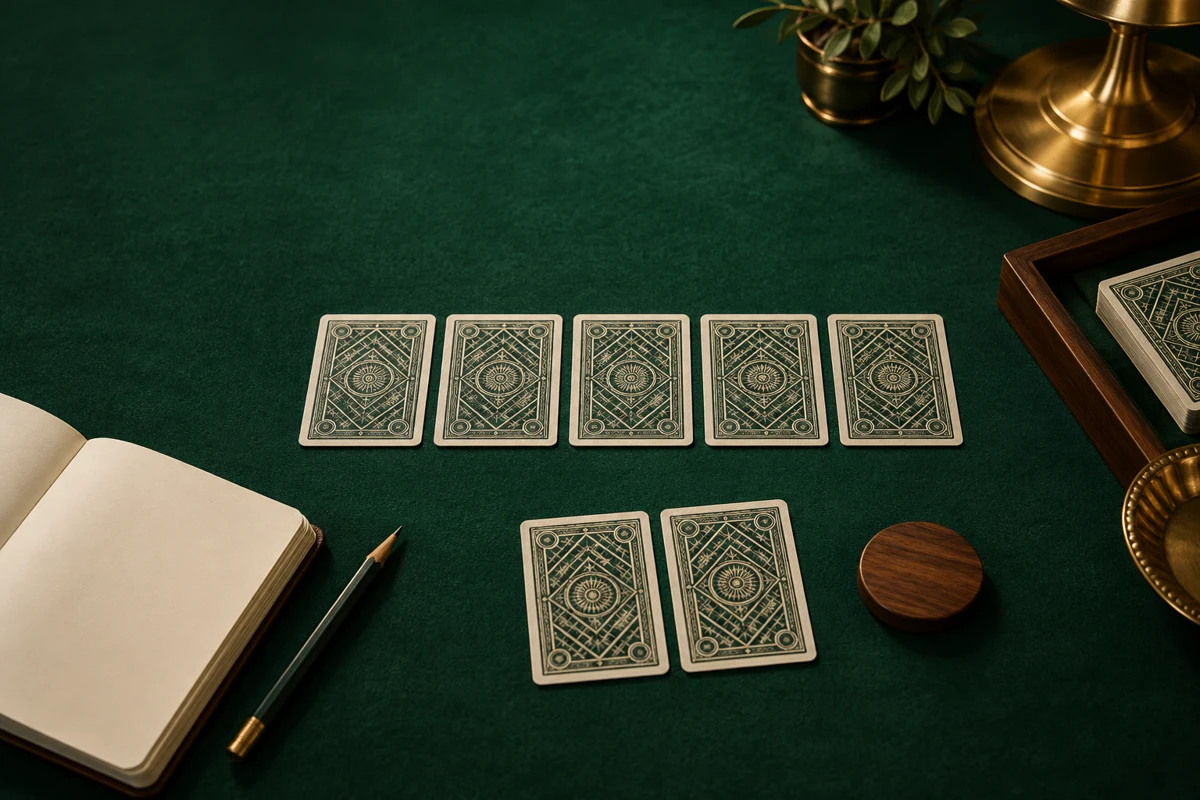 A poker teaching table with private and community cards and a notebook