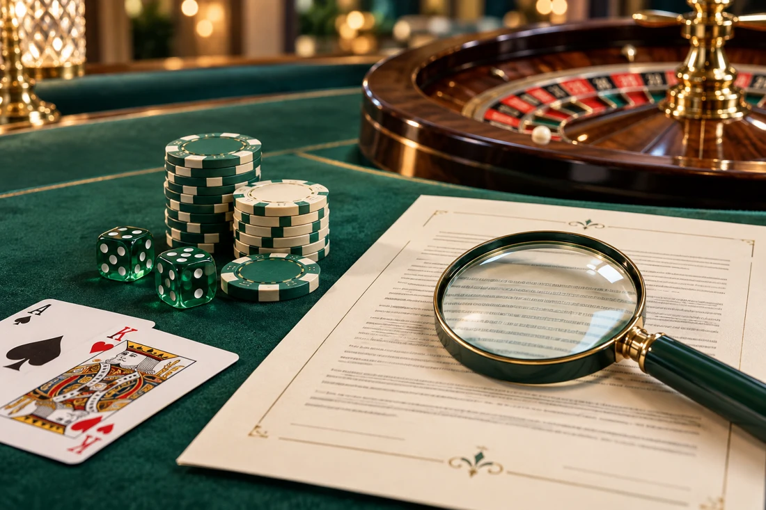 Casino chips and cards beside bonus conditions examined through a magnifying glass