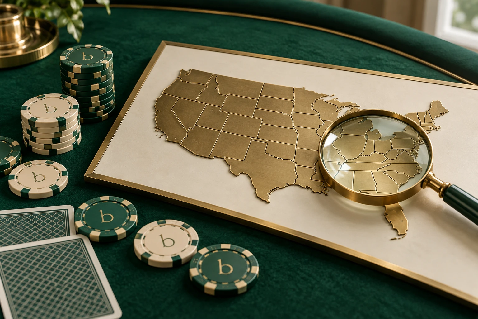 Casino chips and a state-divided United States map examined with a magnifying glass