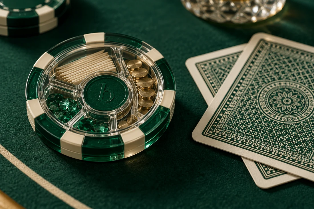 A transparent casino chip revealing separate layers beside face-down cards — US edition