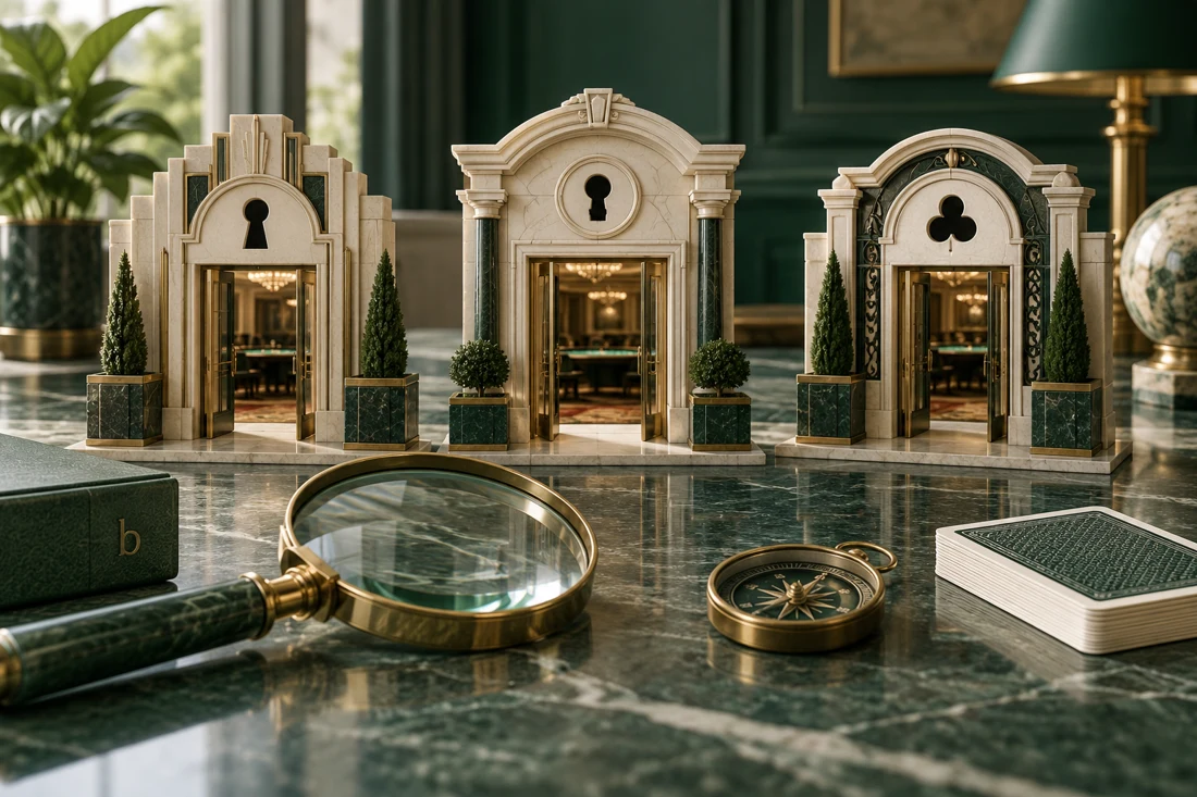 Three model casino gates with distinct keyholes, compass and magnifying glass — US edition