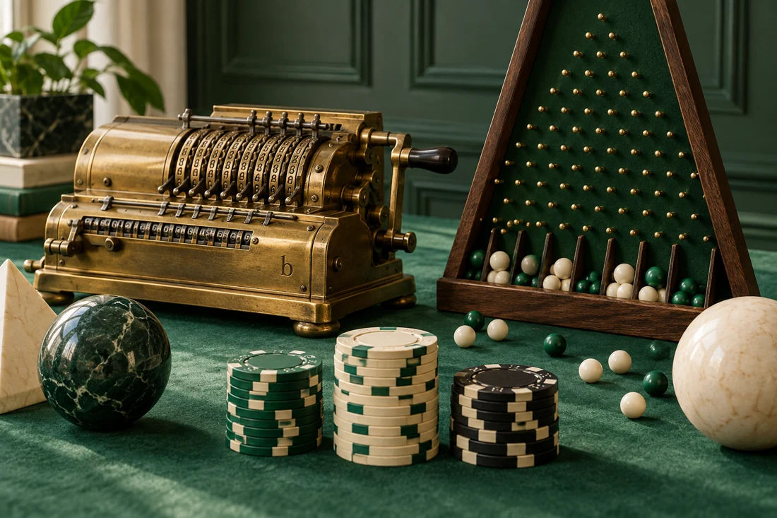 A mechanical calculator, probability bead board and three stacks of casino chips — US edition