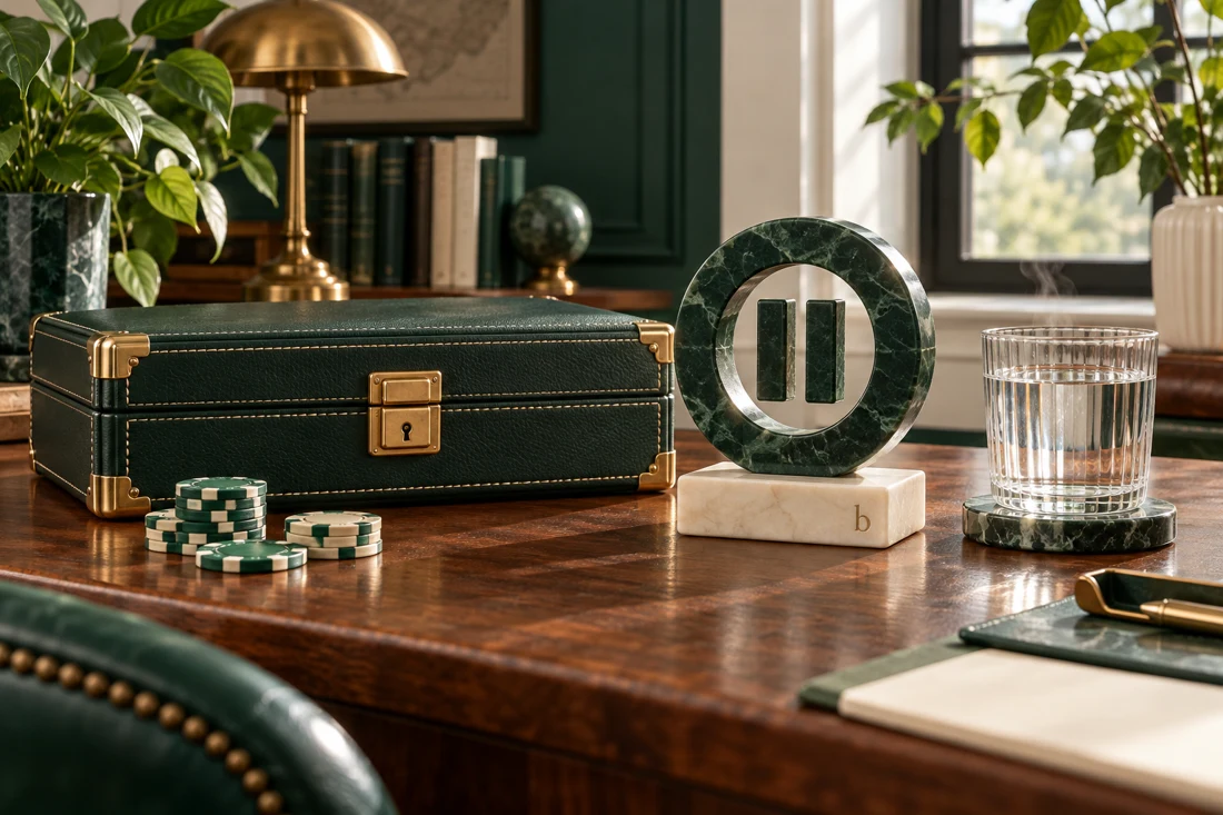 A locked casino-chip case beside a pause symbol and glass of water — US edition