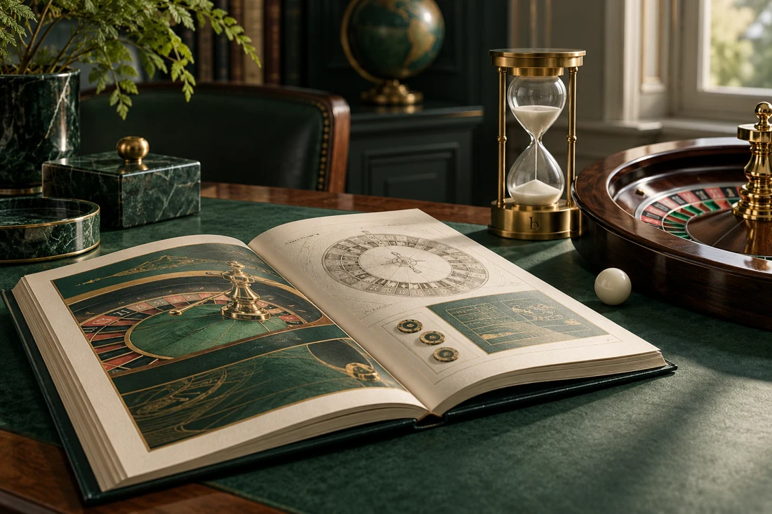 An open casino rulebook beside a roulette ball and brass hourglass — US edition