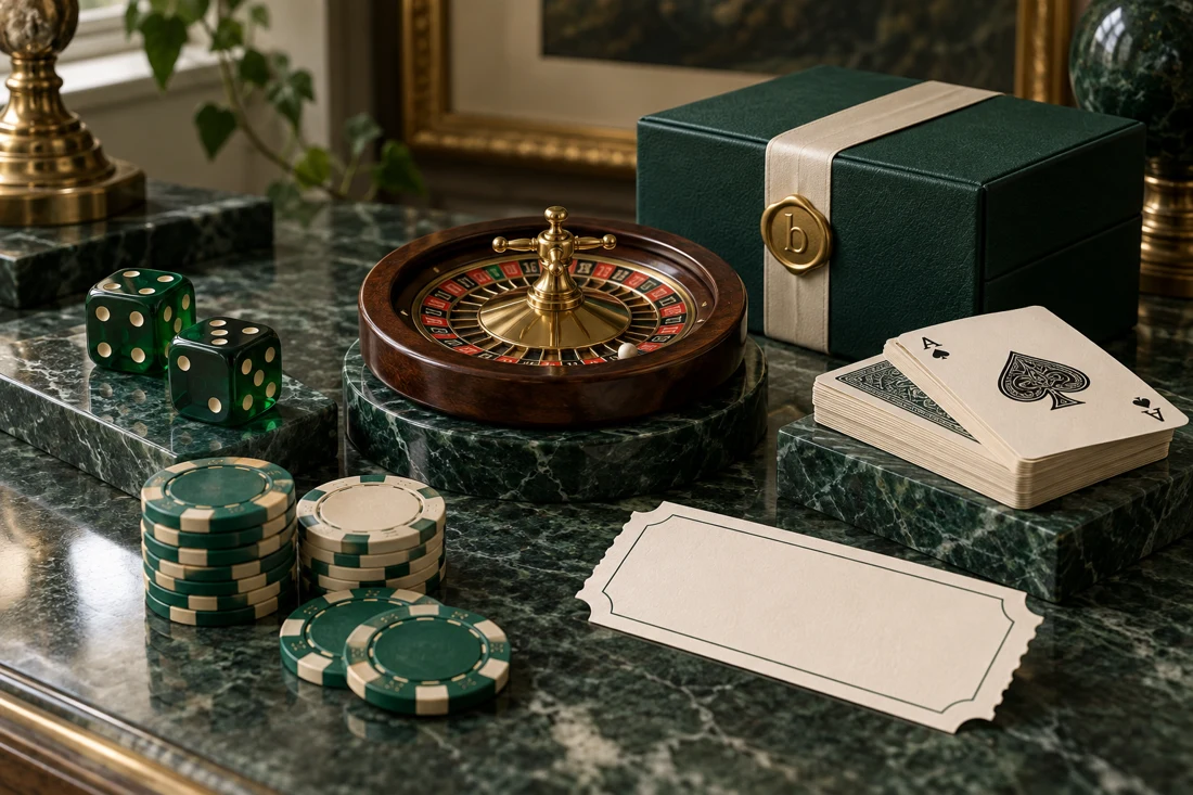 A carefully arranged collection of casino reward objects, cards, dice and chips — US edition